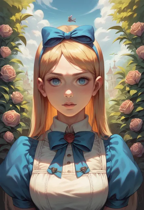 1 girl, masterpiece, best quality, 8k, detailed skin texture,  Detailed fabric texture , beautiful and detailed face,  intricate details , ultra detailed, Alice in Wonderland, (a bow on the head:1.1),  upper body 