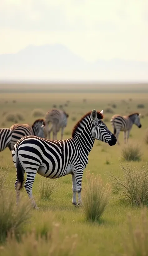 A herd of zebras grazes peacefully on the vast, grassy plains. One zebra, with its distinctive black and white stripes, looks up from the grass, its ears perked, and eyes alert to any movement on the horizon