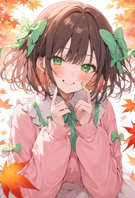 ((masterpiece、Best Quality)) Cute, pastel, neon、woman、small胸、small、young、cute、young、Idol、Brown Hair、 Medium Hairstyle、Bright green eyes、Green ribbon、smile、White breath、Red cheeks、Teary-eyed、Lots of hearts、autumn leaves，autumn