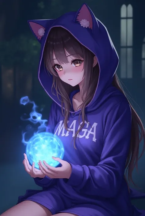 Make me a girl who wears purple maga clothing , long brown hair and a hood with cat ears the same color as the clothes , The eyes are brown ,add details to the hood,That the girl is holding a bright blue light that illuminates everything around her with he...