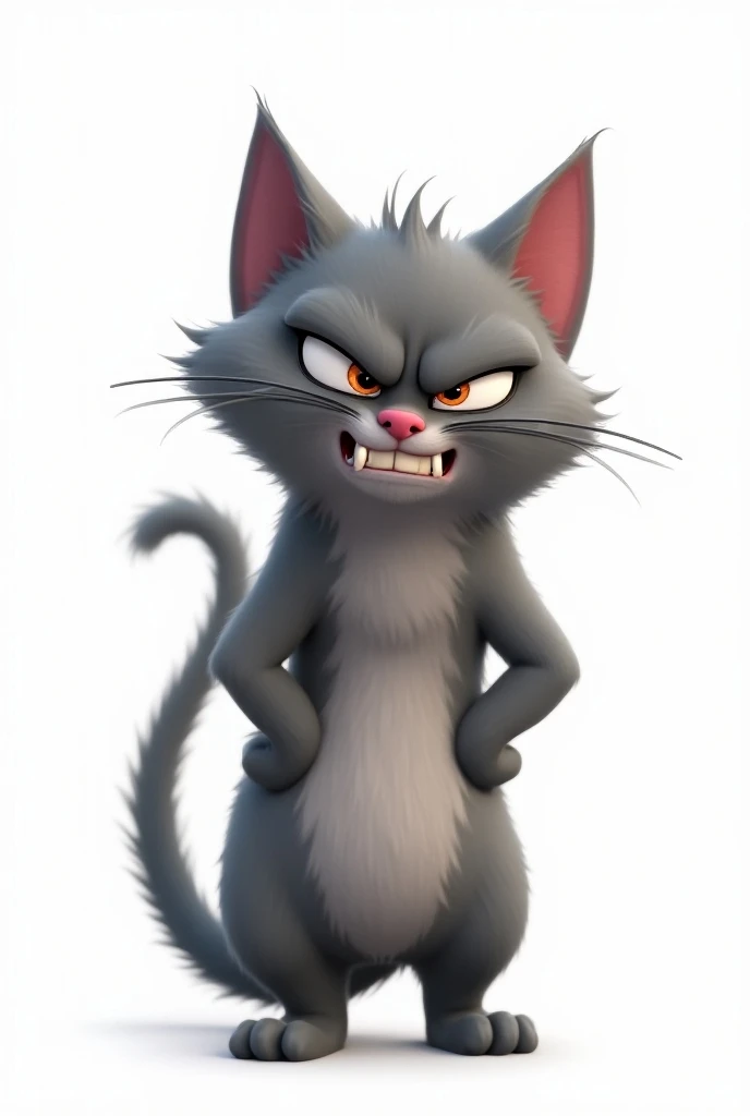 Pixar Photo。The gray cat is angry。White background