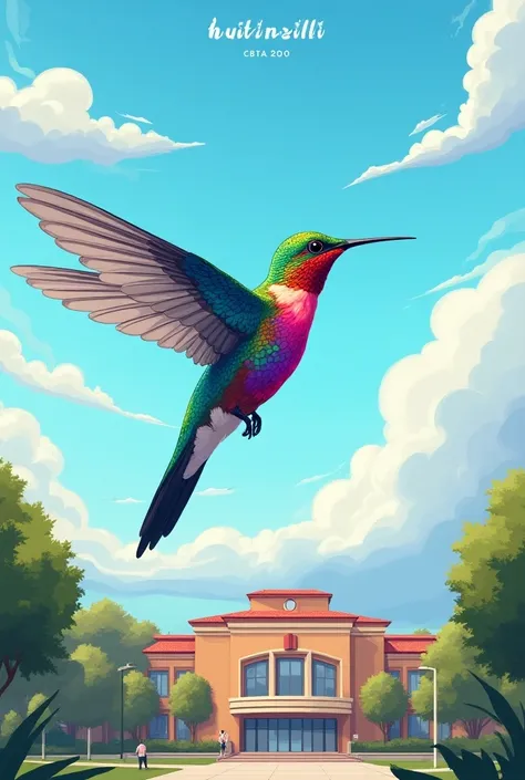 Large colorful hummingbird flying over a school. Above the word CbtA 200 . Above the hummingbird, the sign that says Huitzilli . 
