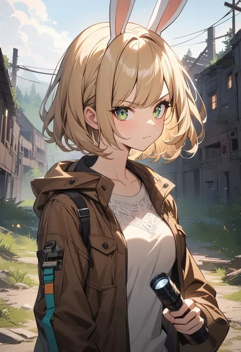 (highly detailed), 1girl, rabbit girl, short blonde hair, green eyes, casual, medium breasts, tall, holding flashlight, abandoned village background, (determined expression), portrait view