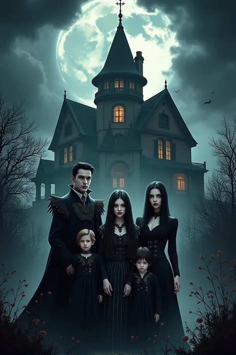 A hauntingly beautiful photograph of a visual novel game interface inspired by the Addams Family. The interface is set against a dark, moody background with a gothic mansion and stormy skies. The main characters, Morticia, Gomez, Wednesday, Pugsley, Uncle ...