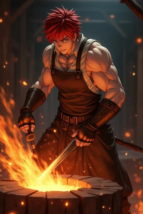 Create Shirou Emiya from Fate Stay night with sun tan skin dark crimson hair and golden carper eyes, with fit physique, with a blacksmith clothes and preforming weaponsmithing magecraft.