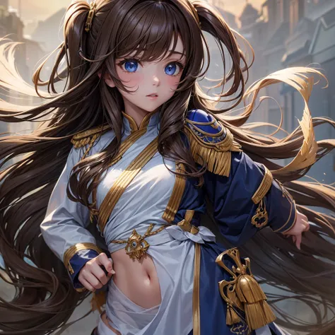 Girl with long light brown hair with waves ,  waves, blue eyes and small waist and medium breasts
Ceremonial tunic

