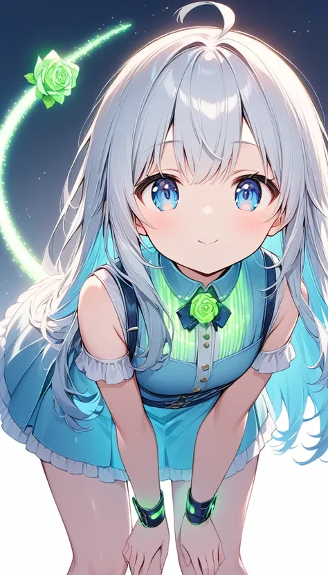 Girl、White Toso 、Green LED、Led,Long Hair、Silver Hair、 rose in tail 、 Leaning Forward , he stares at me with a strange expression.,cute、Blue Eyes、