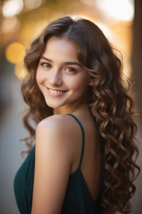 **"A cinematic portrait of a beautiful young woman with long, curly hair cascading over her shoulders. She has light brown eyes that glimmer under soft, diffused lighting, giving her gaze a captivating depth. Her smile is radiant, with perfectly defined fe...