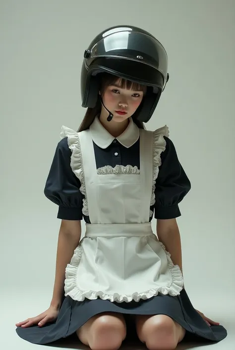 girl dressed as a maid in a motorcycle helmet sits on her knees 