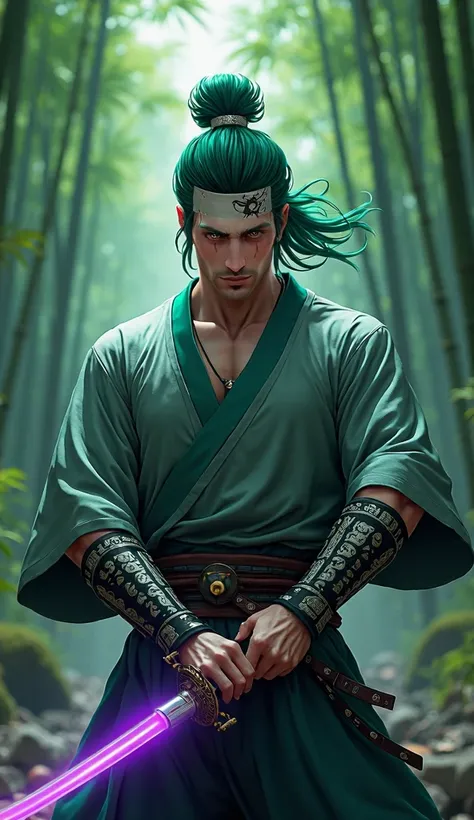 ((masterpiece, top quality, high resolution)), ((highly detailed CG unified 8K wallpaper)),  Create a live action image of samurai with serious face ,  one eye closed with one eye a suture wound in the middle and the other eye has a blue-red element,  gree...