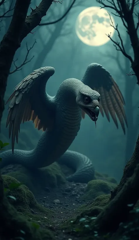 In the dead of night, a terrifying hybrid of snake and owl slithers silently through the undergrowth, its massive body coiling and uncoiling with a sinister grace. Its feathered wings are tucked close to its serpentine form, but its owl-like face, with lar...