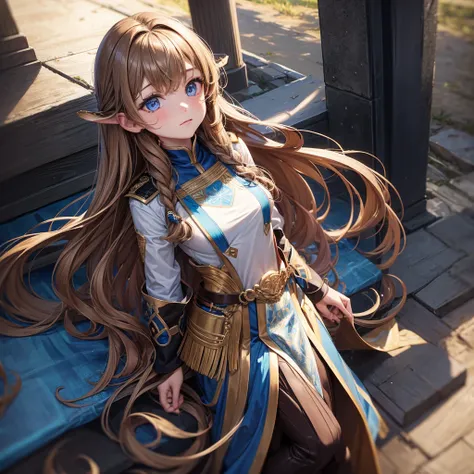 Girl with long light brown hair with waves ,  waves, blue eyes and small waist and medium breasts
Ceremonial tunic

