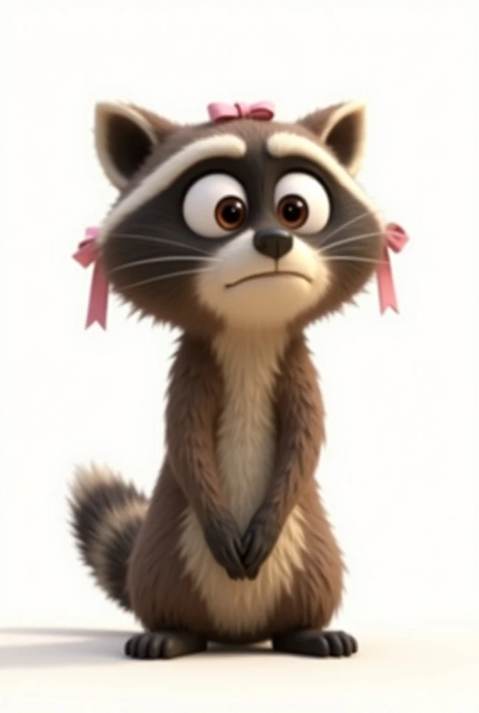 Pixar pictures 。White background。The wife of the raccoon dog with big eyes and pink ribbons is in trouble