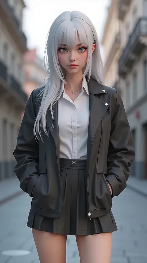  a European beauty，Full body shot，Masterpieces，masterpiece，8k， HD quality，CG character style ，3D Modeling，realism 0.8，Full body shot， A woman in a short skirt and jacket is posing for a photo, anime girl role play, hyperRealistic female student, a hyperRea...