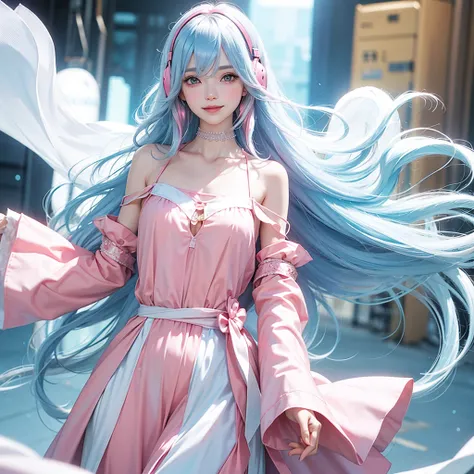 Fair skin　 headphones　Pink and light blue hair　Beautiful woman with long and wavy hair 　 no bangs 　smile　The clothes are white　Pull out your shoulders