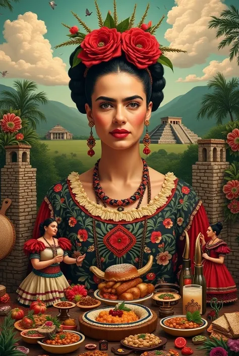 an image with the Title "my vision of Mexico "  including all of its Aztec culture up to the present, Can you add more Mexican culture,  that same image with a bit of culture like Frida Khalo, baile folklore, revolution and typical food in a collage and th...