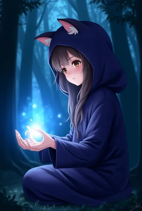  Make me a girl who is a magician , Let her wear purple clothes , long brown hair and a hood with cat ears the same color as the clothes , The eyes are brown ,add details to the hood,That the girl is holding a bright blue light that illuminates everything ...