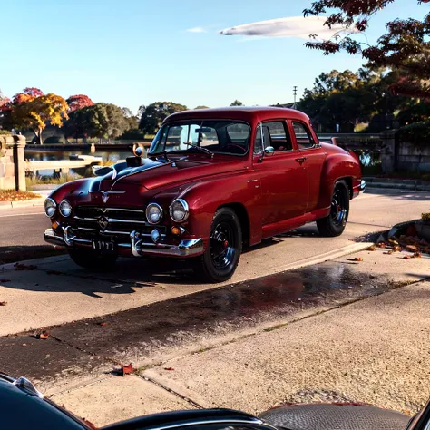 Picture in 3D. Fabulous Hudson Hornet red .  stands on asphalt with autumn leaves ,  and Fabulous Hudson Hornet sparkles in the sunshine in the clear blue sky.