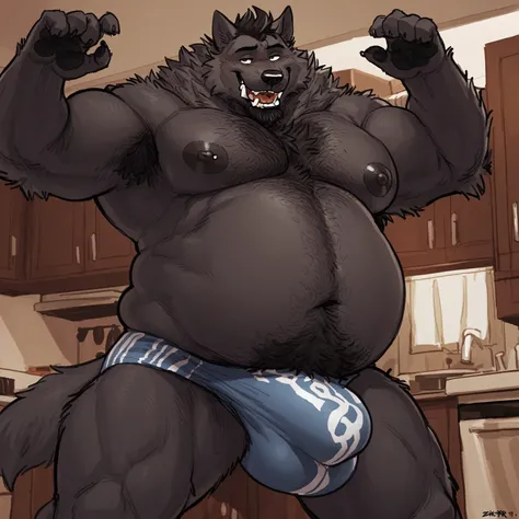 (solo;:1.5), huge bulge, hairy armpits, bara wolf, black neon fur, very large huge belly, big fat physique, very large, perfect anatomy, masterpiece, black beard, black eyes, strong jaw, giant biceps, shirtless, hairy pectorals, solo, great lighting, by be...