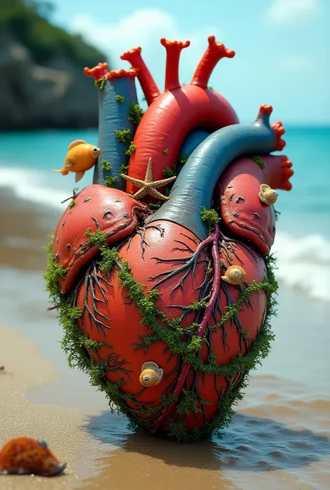 An anatomical heart decorated with seaweed, snail shells, starfish, live fish out of the sea in the wet sand and close to the arrival of the waves on the sand.
With sea turtles and live octopuses and squid   