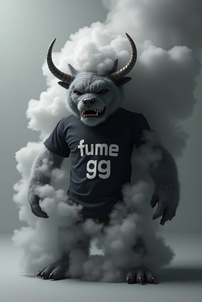 Create my mascot ,  my team mascot and smoke makes in 3D,T-shirt written by Fume GG, predominant colors are shades of gray , black and white