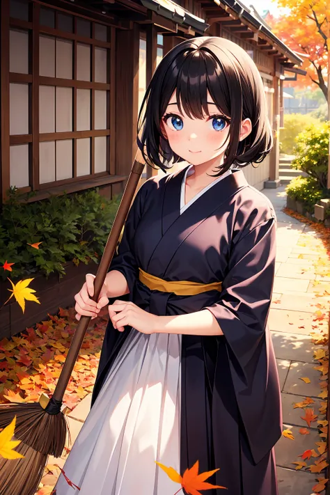 A cute teenage girl is wearing a hakama。With very beautiful eyes、She is a slim girl。A shrine with beautiful autumn leaves。Im sweeping fallen leaves with a broom。