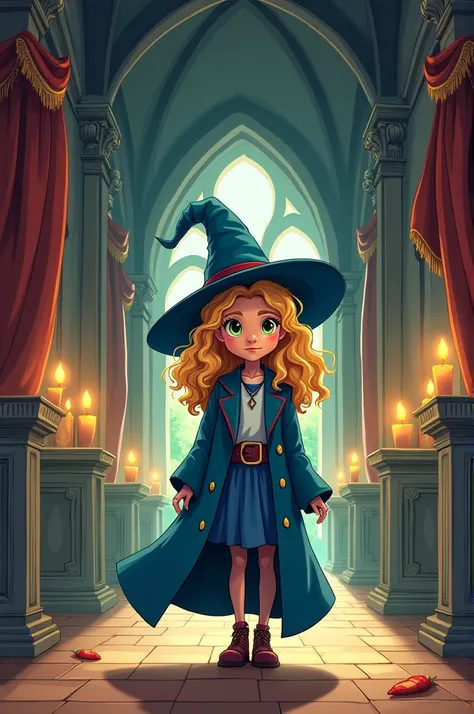  make a Cartoon-style image of a girl with dark curly blond hair and golden green eyes, In the corridors of Horgwoards ,  wearing the wizards clothes in the colors of the Ravenclaw house .