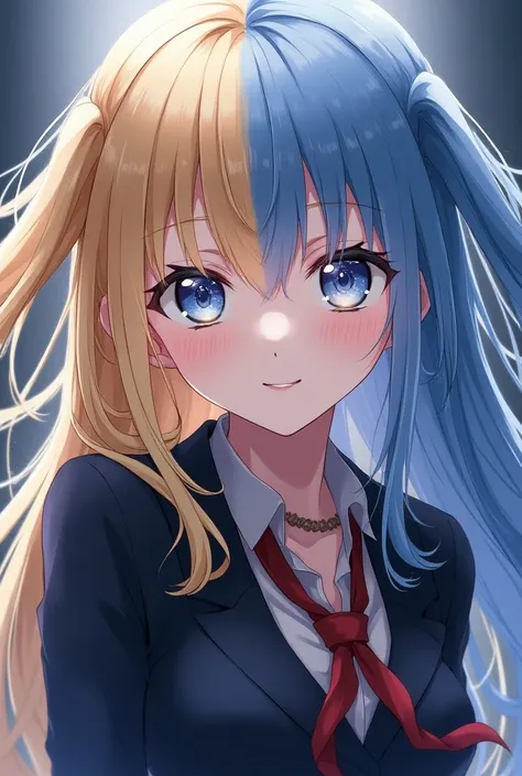 ((best quality)), (( masterpiece)), ((DETAILED)), (( high definition)), A spachina girl in anime style. She is pretty, attractive, ,  crazy and fatigued .  With long two-colored hair, the right one being blond, And the left one is blue ,  and silver eyes ....