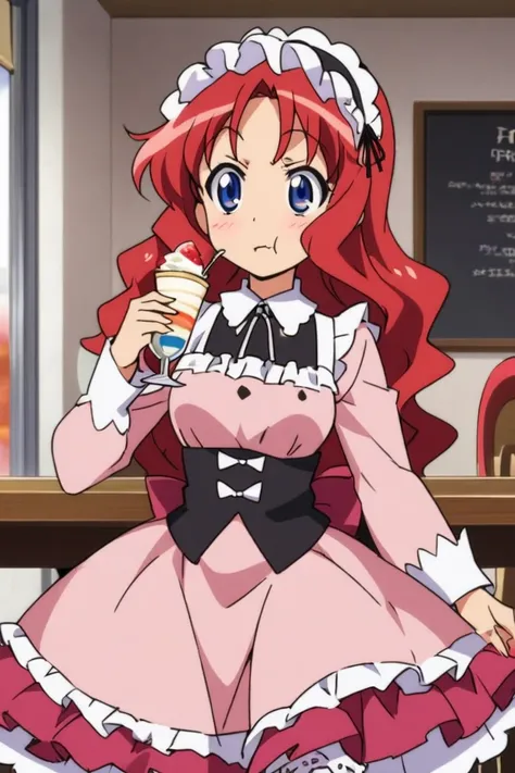 1girls, dressed in princess lolita japanese style, bright red wig, haughty expression, stuck up, short, elaborate hair, 2000s anime, cowboy pose, frilly dress, elegant hair, wavy hair, eating parfait, sitting in maid cafe, blue eyes, himedere, tsundere, si...