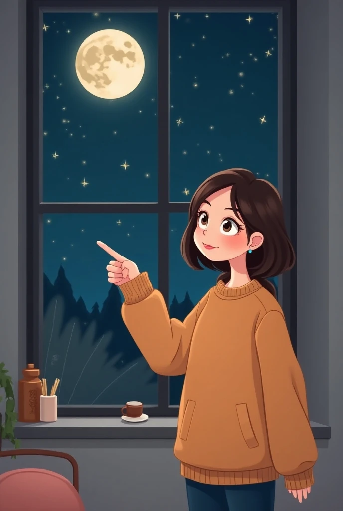 Make a woman in a sweater pointing to a window at night in a cartoon 