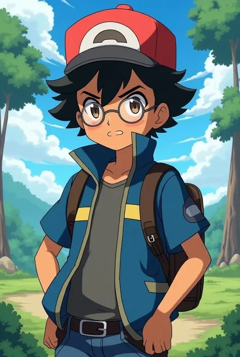  character in the Pokémon animation style,  wearing the clothes of Ash , But with brown skin ,  curly black hair and glasses 