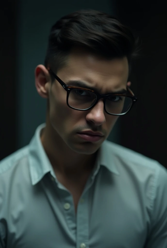 Create a cinematic image of a handsome young man, Grumpy wearing a dress shirt, prescription glasses 