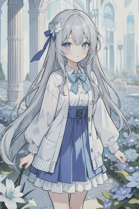 Gray hair、Very long hair, light blue left eye、The right eye has gray eyes, flower-shaped pupils, loose blouse, light blue cardigan, light blue skirt, gray ribbon on the collar, girl, cute, quiet, light blue flower field, holding light blue flowers, soft li...