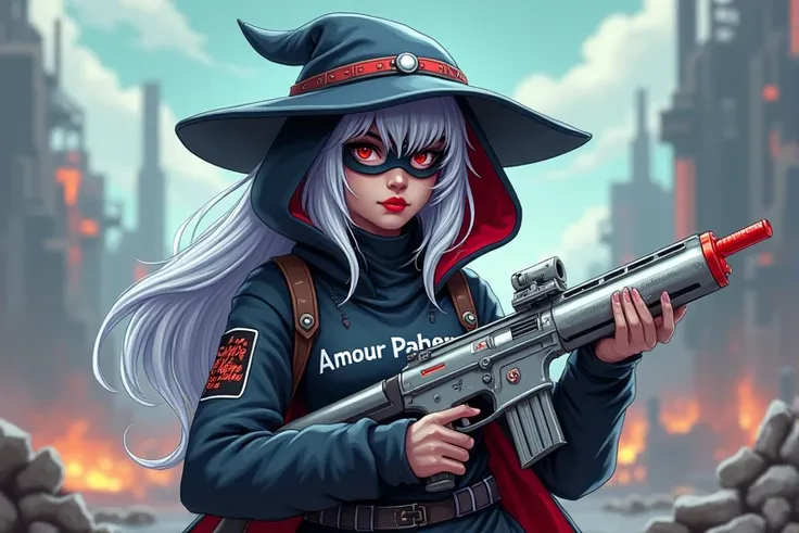 1girl, Best Quality, High Quality, Textured Skin, Silver Hair, Wavy Hair, Wet Hair, Big Hair, Red Lips, Ringed Eyes, Raised Eyebrow, 3D Isometric, Hood, Mask,Wizard Hat, Optical Illusion, Pixel Art, Holding silver M4 , Name on is amour PAHZERO, Standing on...