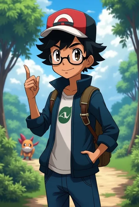  character in the Pokémon animation style,  wearing the clothes of Ash , But with brown skin ,  curly black hair and glasses 