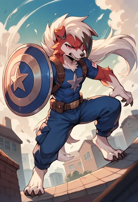 Lycanroc shiny  /(pokemon)/, furry,  Captain America costume, shield on left arm, action pose, on a roof 