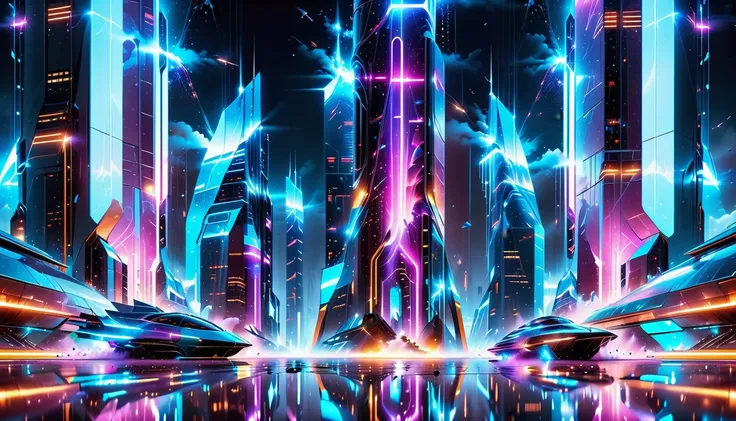 A Masterpiece In 32K Resolution, Supreme Quality, Super Detail, Official Art, Very High-Resolution 32K Wallpaper, Beautiful And Aesthetic, Ultra-Detailed Features, Awe-Inspiring Detail. Gigantic Neon Towers Rise Into The Night Sky, Their Surfaces Reflectin...