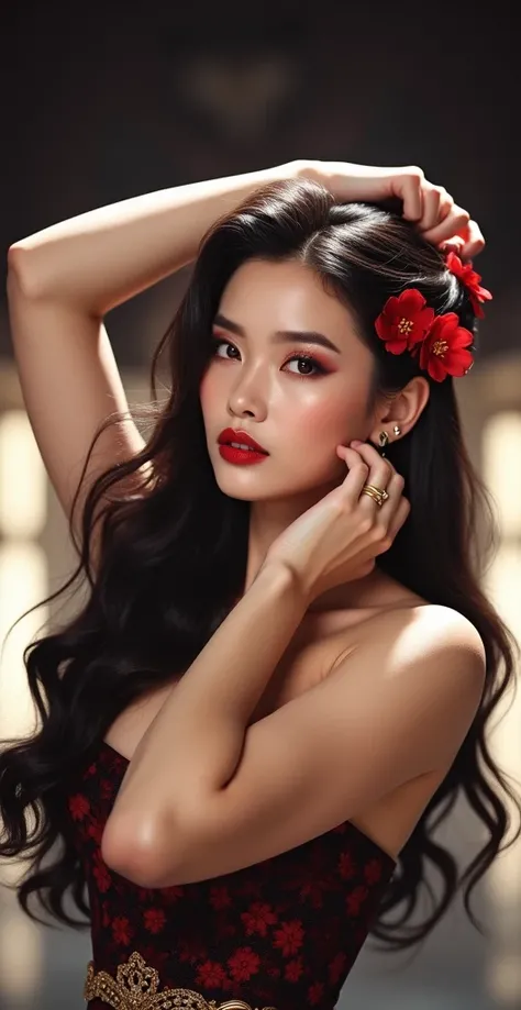 Generate an realistic image of a woman resembling Jessica Jung, styled in an exquisite red floral gown with a structured bodice and intricate gold belt, complementing her poised, elegant figure. Her silky, dark hair is tied into a high bun, decorated with ...