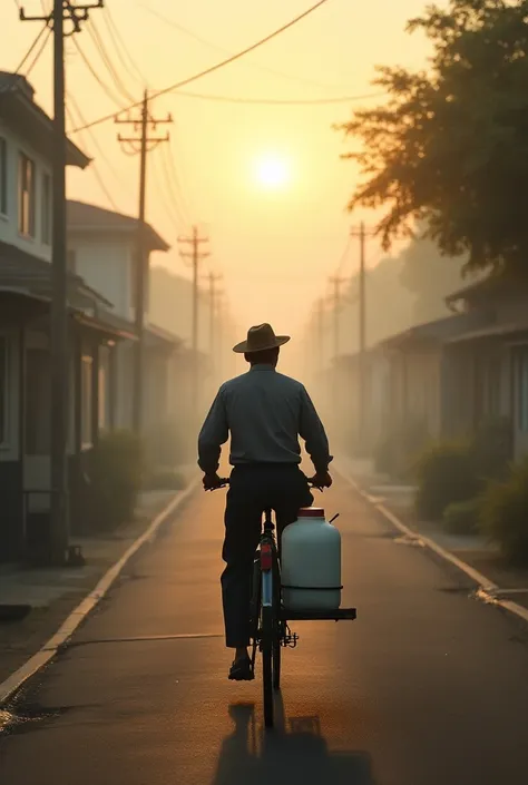  Early Morning Milk Delivery
A scene of a man riding a bicycle in the early morning, wearing traditional work clothes. He has a large container of milk strapped to the back of his bicycle, with misty streets and quiet homes in the background. The lighting ...