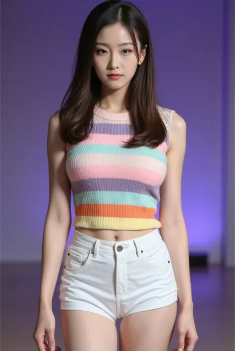 full body photo of a pretty young woman, wearing white shorts and a knitted sweater with stripes in pastel colors like pink, pur...