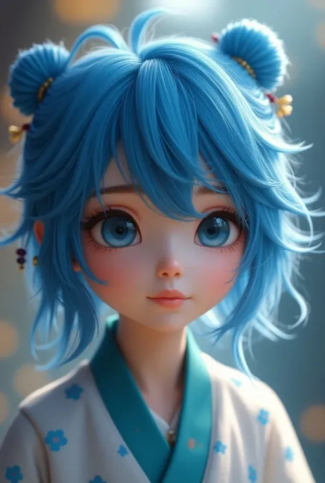 Detailed CG animation，Blue body hair，Charming hair details，A  in the style of Cai Xukun，Youthful，Presented in 4K beauty。