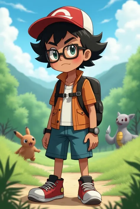  character in the animation style of Pokémon inspired by the 90s wearing Ashs clothes, But with brown skin , curly black hair and square glasses 