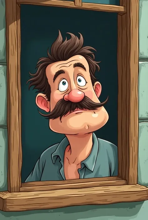 Make a man with a confused mustache in a window in a cartoon 