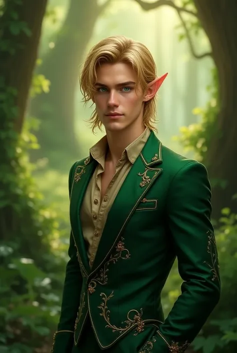 Not very long golden-haired male elf  , emerald-eyed male elf  ,  in a green suit with gold details