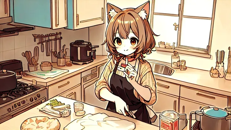 anime girl cooking In the kitchen with a cat head on, cooking, cooking show, Lo-fi Girl, change, Cute anime cat girl, anime Cat ear girl, Cat ear girl, cooking it up, In the kitchen, Cute Anime Girl, Anime Food, Cats make soup ,  cute girl ,  very beautifu...