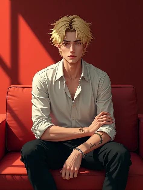 Male, half American, mixed British, golden eyes, blonde hair, looks similar to Yoim. In the story gokurakugai, with that kind of hair, sitting on a red sofa. He was wearing a thin white shirt and long black pants. There was a scar on his arm. similar to kn...