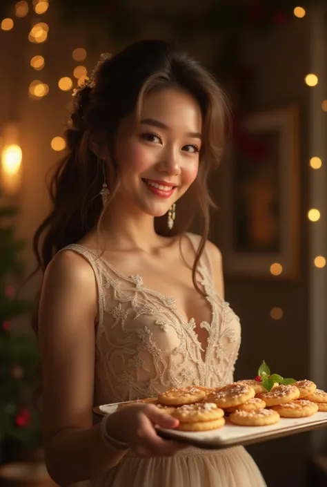 Create a cinematic image of a very beautiful and smiling young woman who wears a dress and is holding a tray of Christmas cookies.