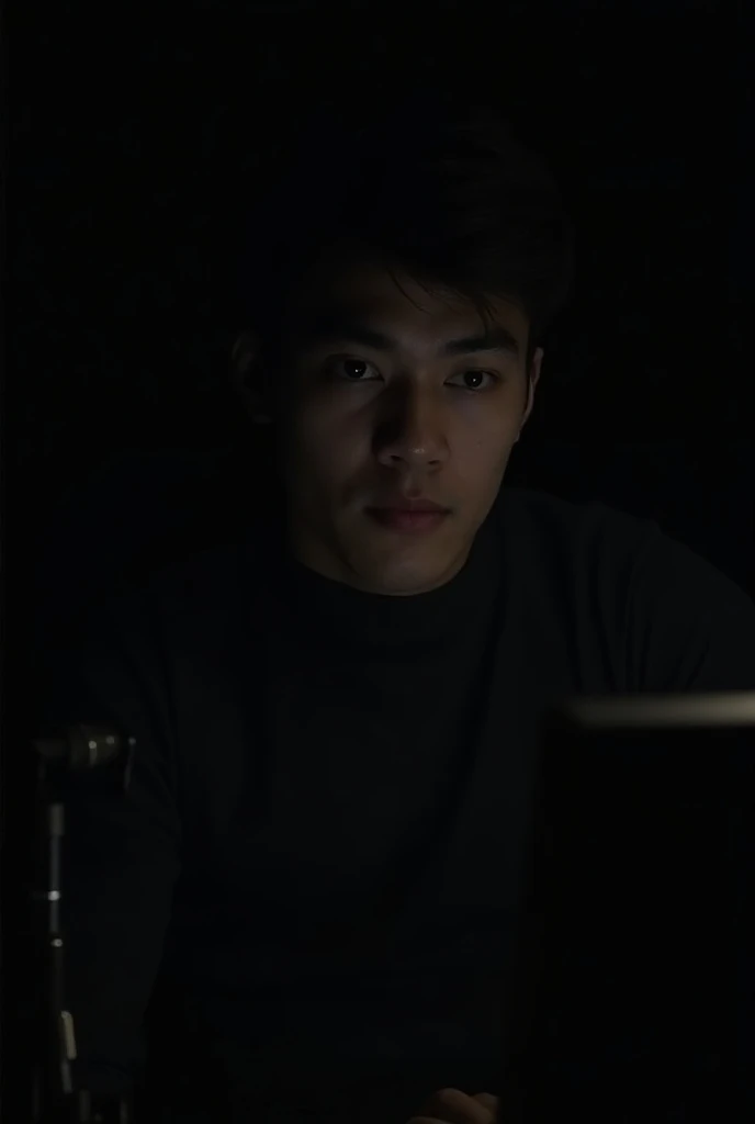 a 21 year old boy. The one who is sitting in front of the computer deck and has a mic . He is included in the black background theme