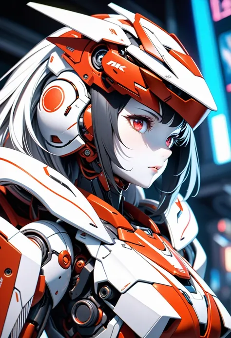 A highly detailed and beautiful mecha anime girl portrait, fusion of art and mecha aesthetics, red-haired twin-tailed girl, extremely detailed and beautiful hair, extremely detailed and beautiful red passionate eyes, extremely detailed realistic white skin, wearing a stylish mecha helmet with a lion's mane-inspired red and white color scheme, body is a detailed red and white color scheme anime robot, entire body is illuminated by glowing red neon lights, detailed mechanical joints visible on the body, the mecha girl is surrounded by a multitude of beautiful colorful flowers, the flowers accentuate her otherworldly beauty, extremely detailed and dense description of the robot body, background is a fractal art-like white canvas with beautiful flowers, extremely dense mecha details in the background, close-up shot of the mecha girl's bust, strong shallow depth of field, (best quality, 4k, 8k, highres, masterpiece:1.5), ultra-detailed, high-quality 3D rendering, dramatic lighting, professional photographic resolution, award-winning