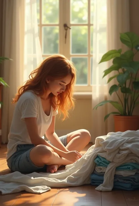 A women with long hair sitting down and folding laundry 